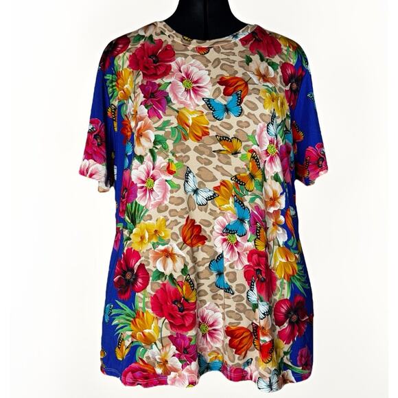 Johnny Was XXL Mayflower Leopard Butterfly Floral Blue Red Favorite Tee T-Shirt - Picture 1 of 6